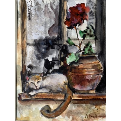 Buy watercolor painting cat and flowers