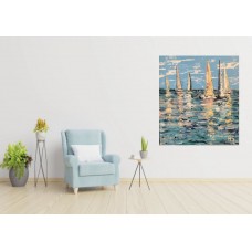 Sea, yachts, abstraction, Original painting on canvas, size 75*95 cm. French Riviera, Cote d'Azur