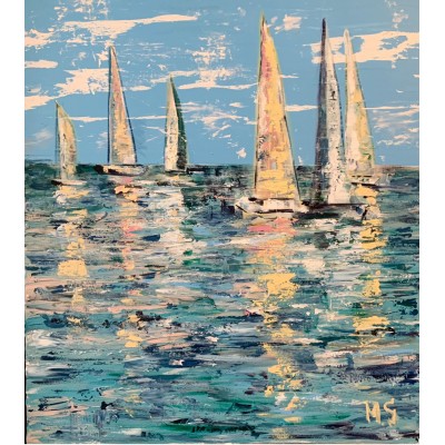 Sea, yachts, Cote d'Azur of France - abstract painting, the original is available for purchase