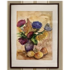 Original watercolor "Autumn Bouquet", apples, maple leaf, sunflower and asters, framed