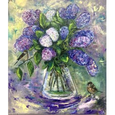 Oil painting "Lilac and sparrows", original, on canvas, size 70 * 80 cm