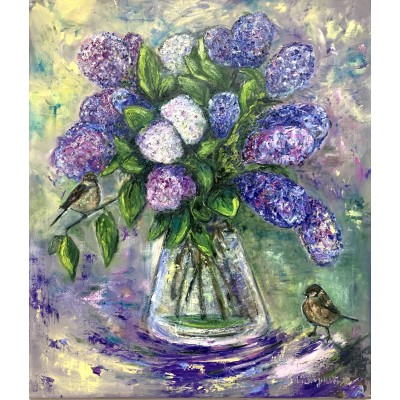  “Lilacs and Sparrows” - original lilac bouquet painting, oil on canvas, 70×80 cm
