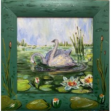 Original oil painting "Swans in a pond with water lilies", canvas 20 * 20 cm, beautiful painting, Love and fidelity