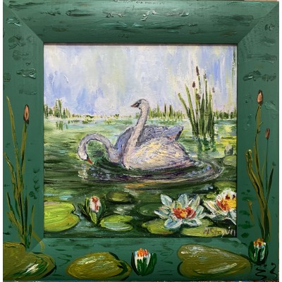 Swans on the pond - oil painting on canvas, framed, available for order