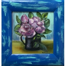 Original oil painting, roses in a small vase, framed in a wooden frame - author's design and painting