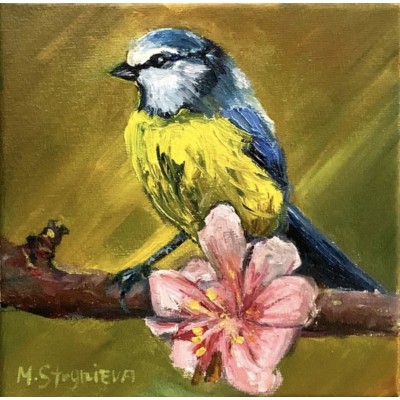 Original oil painting on canvas 15 * 15 cm "Bird - Titmouse"