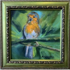 Original oil painting on canvas 15 * 15 cm, in a frame, a bird on a branch