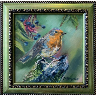 Original oil painting on canvas 15 * 15 cm, framed, a small bird in the garden