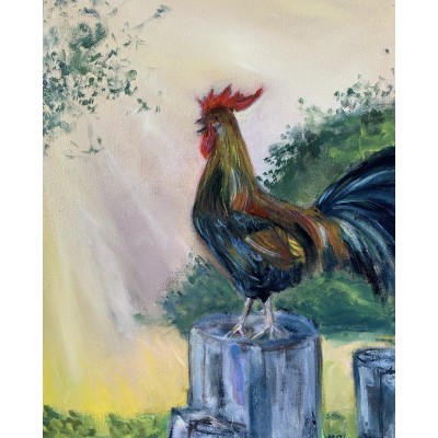 Original oil painting on canvas 35 * 45 cm, Rooster at dawn, painting