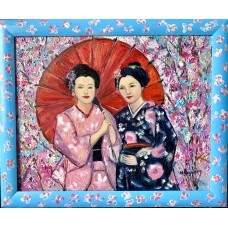 Geishas in the Blooming Sakura Garden – Original Oil Painting on Canvas, 40×50 cm | Artist Marina Stognieva