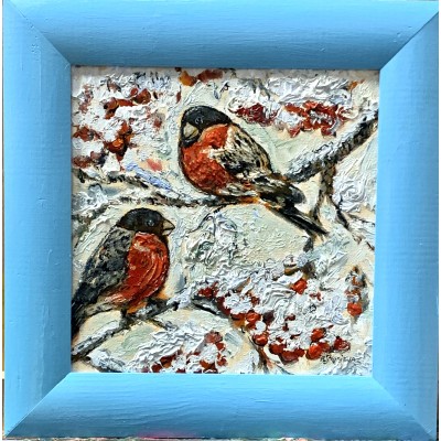 Bullfinches in a Blue Frame - original oil on canvas 20 x 20 cm - Marina Stognieva