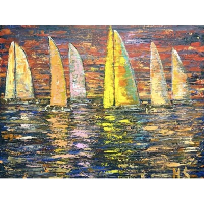 Yachts at sunset, sea, Original, acrylic painting, canvas 100 * 120 cm