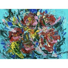 Flowers, abstract on turquoise background, original, acrylic on canvas 40 * 50 cm