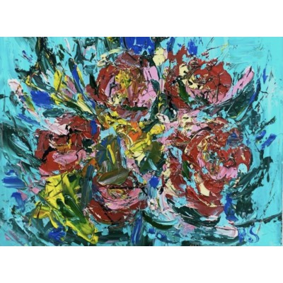 Flowers, abstract on turquoise background, original, acrylic on canvas 40 * 50 cm