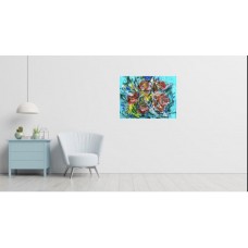 Flowers, abstract on turquoise background, original, acrylic on canvas 40 * 50 cm
