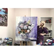 Flowers on a purple background, large acrylic painting on canvas 105 * 120 cm, original, modern painting, artist Marina Stognieva