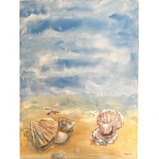 Seashore with shells and a pearl, original acrylic painting on canvas 60*80 cm