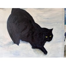 Symbolic painting of a black cat "Fear Hunter" - oil on canvas 60*80 cm, author - Ukrainian artist Marina Stognieva