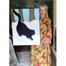 Symbolic painting of a black cat "Fear Hunter" - oil on canvas 60*80 cm, author - Ukrainian artist Marina Stognieva