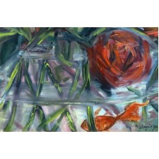 Roses with a Golden Fish – Original Oil Painting on Canvas, Framed, 40×50 cm 