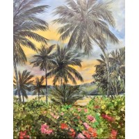 Oil painting "Tropical sunset", landscape, interior painting, palm trees, sea, sunset