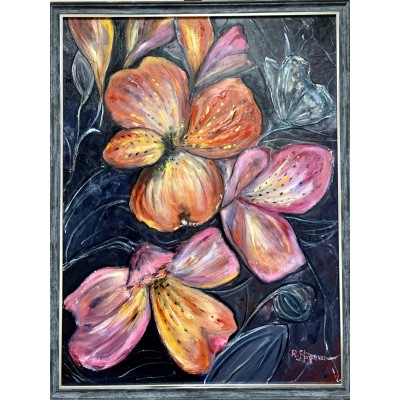 Bright flowers and a butterfly - Original oil painting from the artist Stognieva Marina