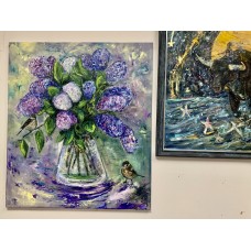 Oil painting "Lilac and sparrows", original, on canvas, size 70 * 80 cm