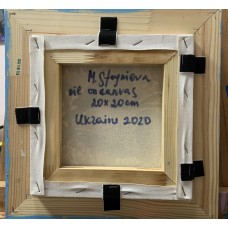 Bullfinches in a Blue Frame - original oil on canvas 20 x 20 cm -