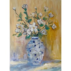 White flowers in a vase with a blue pattern, The original is available, painting with acrylic paints on canvas 60*80 cm, artist Marina Stognieva