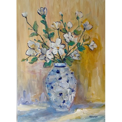 White flowers in a vase with a blue pattern original painting available, Ukrainian artist Marina Stognieva