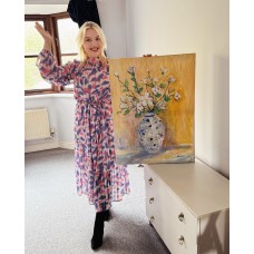 White flowers in a vase with a blue pattern, The original is available, painting with acrylic paints on canvas 60*80 cm, artist Marina Stognieva