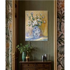 White flowers in a vase with a blue pattern, The original is available, painting with acrylic paints on canvas 60*80 cm, artist Marina Stognieva
