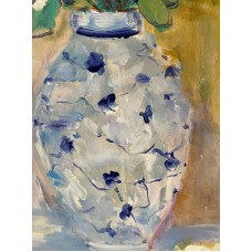 White flowers in a vase with a blue pattern, The original is available, painting with acrylic paints on canvas 60*80 cm, artist Marina Stognieva