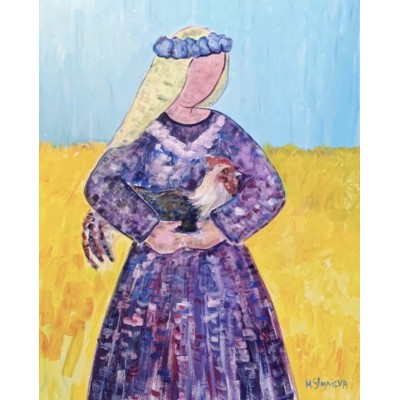 A girl with a rooster - a painting in the ethnic style of Ukrainian artist Marina Stognieva