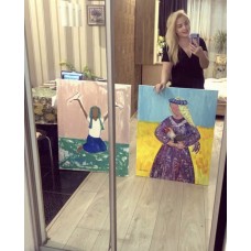 Woman with a rooster, Original, acrylic painting on canvas 75*95 cm, Ukrainian theme, ethnic style, symbolism, artist Marina Stognieva