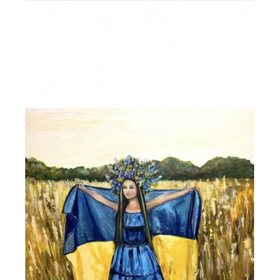 A Ukrainian woman with a flag, a painting dedicated to the 30th anniversary of Ukraine's independence is for sale, original