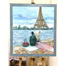 Original Oil Painting “ Spring in Paris” . Paris, France ,romance and love, romance in Paris, Original oil art,a couple in love, a couple in Paris, the Eiffel Tower,the Seine.