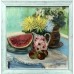 Summer still life: Watermelon, apples and chrysanthemum flowers - buy oil painting online