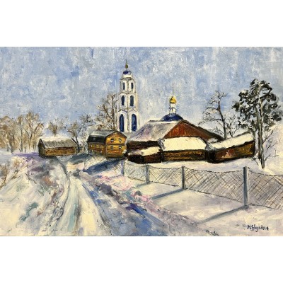 Snowy winter, Christmas Morning.  Original, oil painting by Ukrainian artist M. Strgnieva