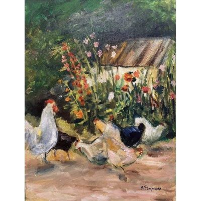 Bird Yard – Original Ukrainian Village Oil Painting by Marina Stognieva