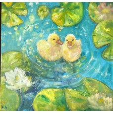 Ducklings in the Garden Pond - original 40 × 40 cm oil painting - Marina Stognieva