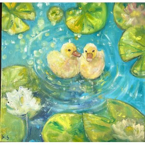Ducklings in the Garden Pond - original 40 × 40 cm oil painting - Marina Stognieva Ducklings in the Garden Pond - original 40 × 40 cm oil painting - Marina Stognieva