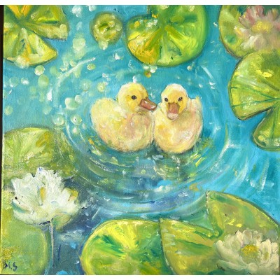 Ducklings in the Garden Pond - original 40 × 40 cm oil painting - Marina Stognieva
