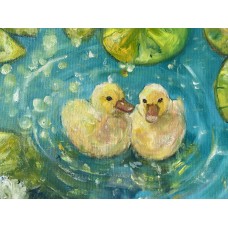 Ducklings in the Garden Pond - original 40 × 40 cm oil painting - Marina Stognieva Ducklings in the Garden Pond - original 40 × 40 cm oil painting - Marina Stognieva