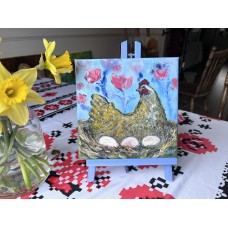 Spring Hen in the Garden – original oil painting 20×20 cm Spring Hen in the Garden – original oil painting 20×20 cm