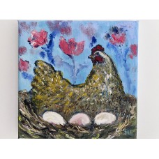 Spring Hen in the Garden – original oil painting 20×20 cm Spring Hen in the Garden – original oil painting 20×20 cm