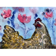 Spring Hen in the Garden – original oil painting 20×20 cm Spring Hen in the Garden – original oil painting 20×20 cm