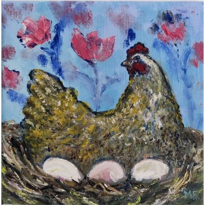 Spring Hen in the Garden – original oil painting 20×20 cm Spring Hen in the Garden – original oil painting 20×20 cm