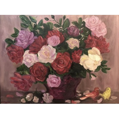 Oil painting "Roses and Canaries"
