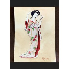 Japanese geisha in a kimono and a mirror in her hands. Original watercolor painting by M.Stognieva